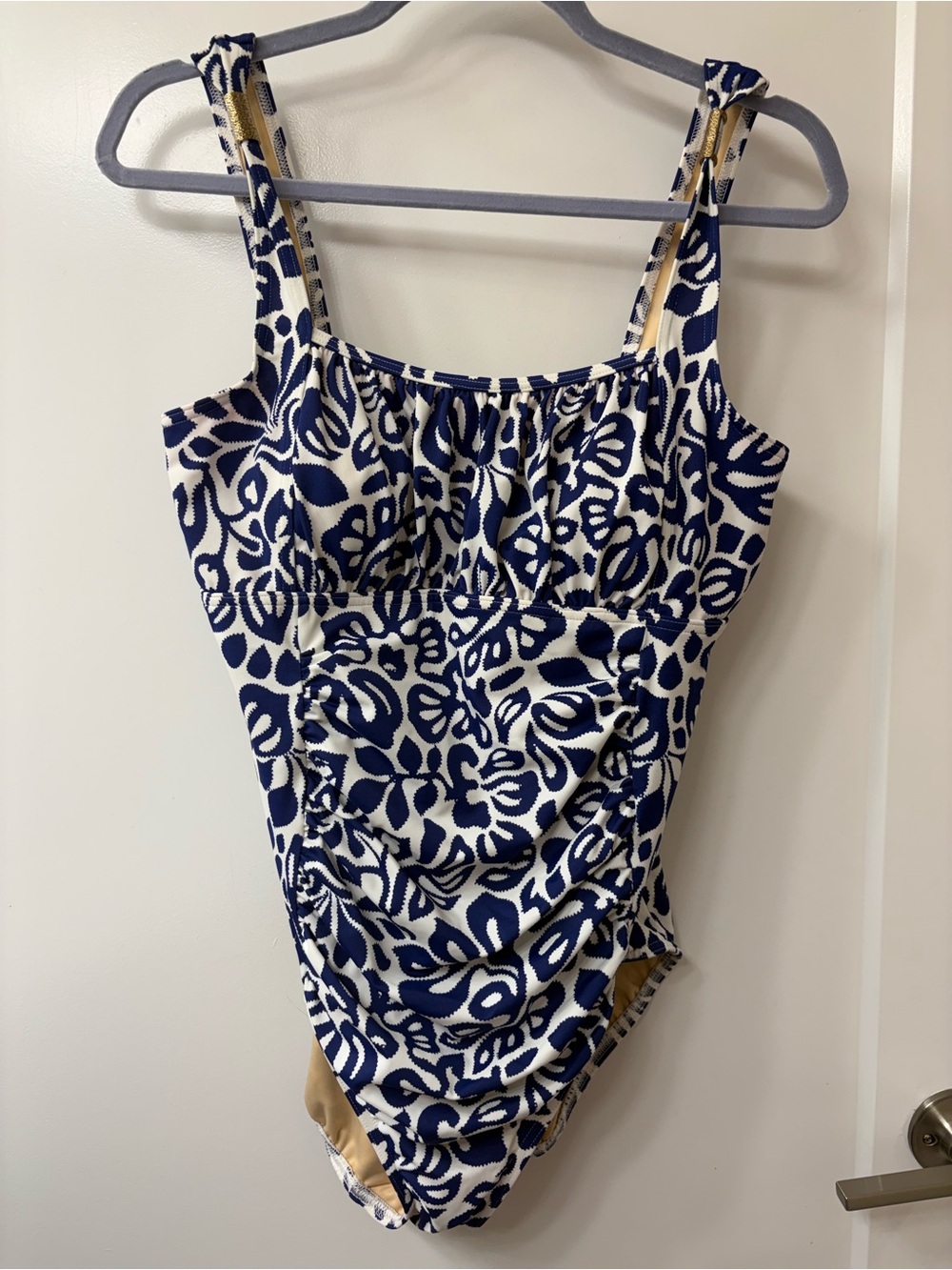 Lands' End Blue & White Print One-Piece Swimsuit Wide Straps Sz 14